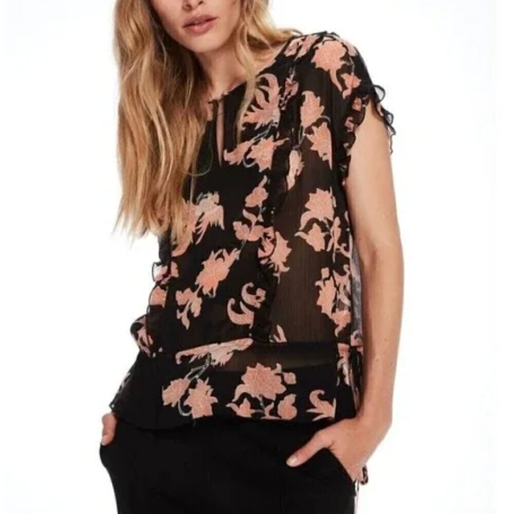 Scotch & Soda Floral Ruffle Peplum Blouse Short Sleeve Sheer Size XS